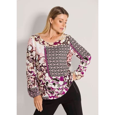 Blouse met bloemenprint en randdessin - rosé / gedess. - Gr. 19 van Goldner Fashion