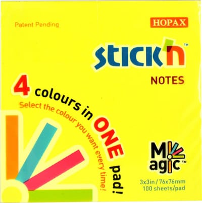 Memoblok Magic Stick'n - 76x76mm - 4 Kleuren - Neon Geel/Blauw/Roze/Groen - 100 Memoblaadjes