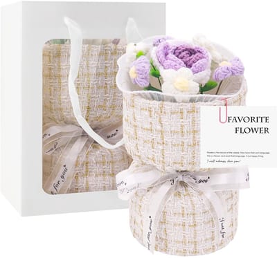 Dailygoods - Haakbloemen Boeket, Gebreid Bloemen Boeket met Cadeauzakje en Wenskaart, Kunstmatige Roos Zonnebloem Moederdag, Valentijnsdag, Verjaardag, DIY Huisdecoratie (Roos)