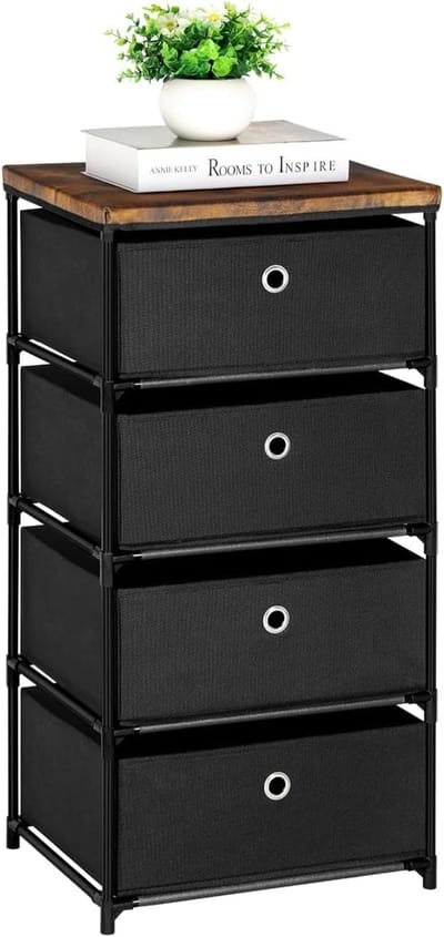 Famanu – Stoffen ladekast met 4 laden – Opbergorganizer met stalen frame – Grote capaciteit voor slaapkamer, hal of slaapzaal – Zwart