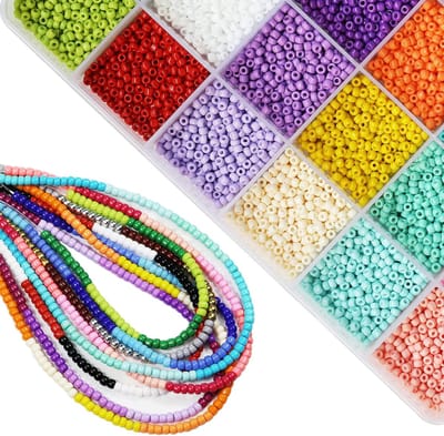 Famanu – Rocaillekralen 3 mm set – Ongeveer 8400 stuks in 24 kleuren – Inclusief elastisch koord voor armband maken