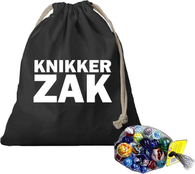 Canvas knikker opbergzakje zwart bedrukt met Knikkerzak en 1 kilo knikkers en bonken - Knikkerspel