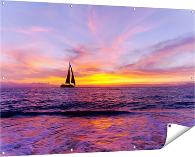 Gards Tuinposter Zeilboot Silhouet bij Zonsondergang - 150x100 cm - Tuindoek - Tuindecoratie - Wanddecoratie buiten - Tuinschilderij