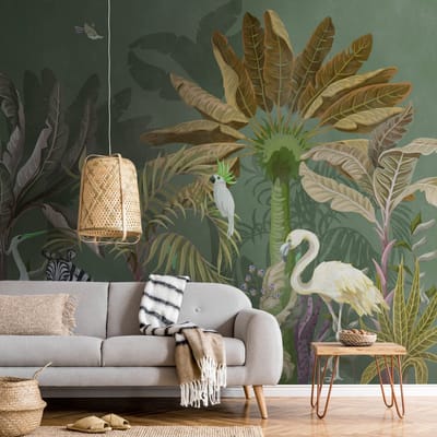 Fotobehang Profhome 382371-GU vliesbehang hardvinyl warmdruk in reliëf glad in jungle stijl mat groen wit beige paars 3,71 m x 2,8 m