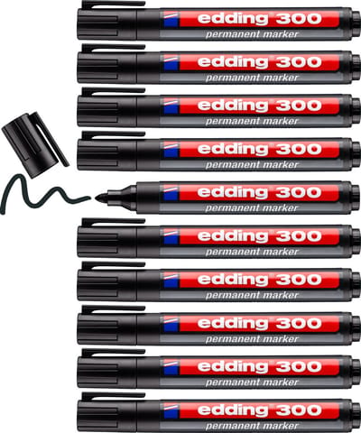 edding 300 permanente marker - zwart - 10 stiften - ronde punt 1,5-3 mm - water en wrijfvast - voor karton, kunststof, hout, metaal, etc. - alcohol markers voor volwassenen