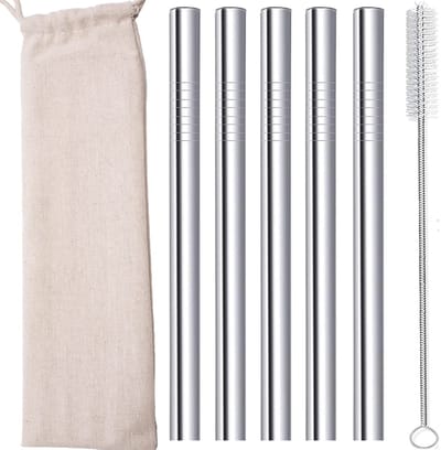 Rietjes Dikke herbruikbare metalen rietjes Vet Brede Milkshake Jumbo Bubble Thee RVS stro Bulk met reiskoffer Draagtas Cleaner Borstel 12mm 0,5 Inch 5-delig