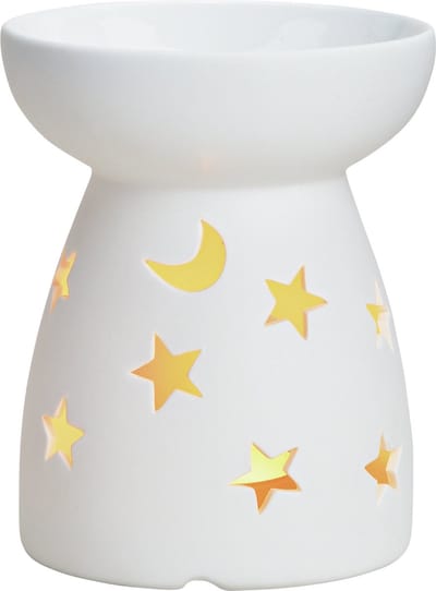 Geurbrander voor amberblokjes/geurolie/waxmelts - keramiek - wit - 10x10x11 cm - maan en sterren