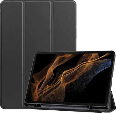 Cazy tablet Hoes geschikt voor Samsung Galaxy Tab S8 Ultra - TriFold Bookcase met Stylus Houder - Zwart