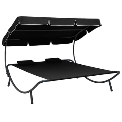 vidaXL - Loungebed - met - luifel - en - kussens - zwart