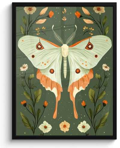 Poster in lijst - Fotolijst 50x70 cm - Posters - Bloemen - Bladeren - Olijfgroen - Vlinder - Posterlijst zwart - Decoratie - Wanddecoratie woonkamer - Muurdecoratie slaapkamer