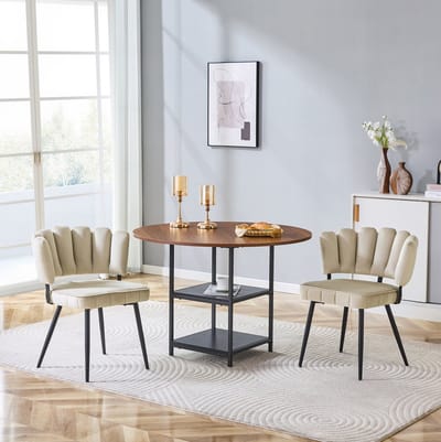 Set Tafel En Stoelen - Ronde Eettafel Met Dubbel Opbergniveau En 2 Stoffen Eetkamerstoelen - Voor Kleine Woningen - Walnoot En Zwart