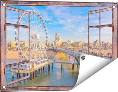 Gards Tuinposter Doorkijk Scheveningen Pier met de Ferris Wheel - Reuzenrad - 60x40 cm - Tuindoek - Tuindecoratie - Wanddecoratie buiten - Tuinschilderij