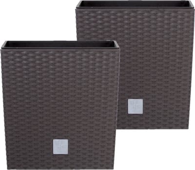 Set van 2x stuks kunststof Rato rotan bloempotten/plantenpotten met binnenpot bruin 20 cm - Bloempotten voor binnen en buiten