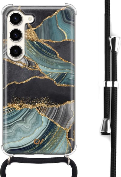 Telefoonhoesje met koord geschikt voor Samsung S23 - Marble Jade Stone - Inclusief koord - Transparant, Groen - - Crossbody beschermhoes - Met Telefoonketting