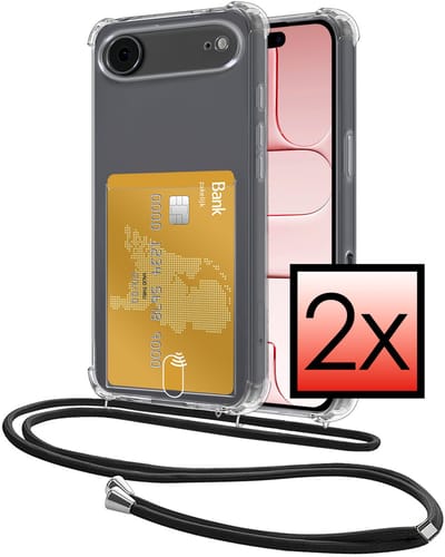 Hoes Geschikt voor Apple iPhone Air Hoesje Pasjeshouder Cover Met Koord Shock Proof Case Siliconen Hoes Met Telefoonkoord en Kaarthouder - Transparant - 2 PACK