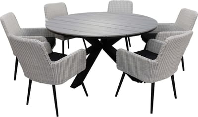 7-delige ronde tuinset | 6 Pisa tuinstoelen (White) | ⌀150cm Cyprus tuintafel (Grey)