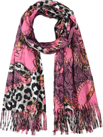 Nouka Roze Multicolor Dames Sjaal– Gouden Schakels en Hengsel Print - met franjes - Warme & Lichte Sjaal – Herfst / Winter – 70 x 180 cm