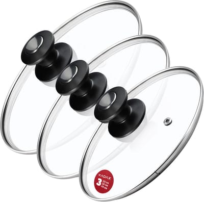 KADAX Pandekselset, universeel deksel van glas met handvat, hittebestendige dekselset in verschillende maten, pannendekselset, glazen deksel voor pot, pan (20 + 24 + 28 cm, zwart en zilver handvat)