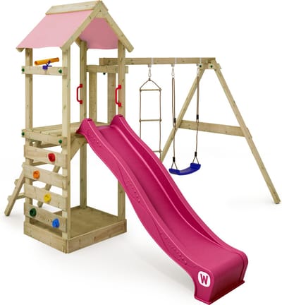Wickey FreeFlyer Speeltoestel - Schommel met Glijbaan en Touwladder - Klimwand & Zandbak - 295x340x260 cm - Pastelroze