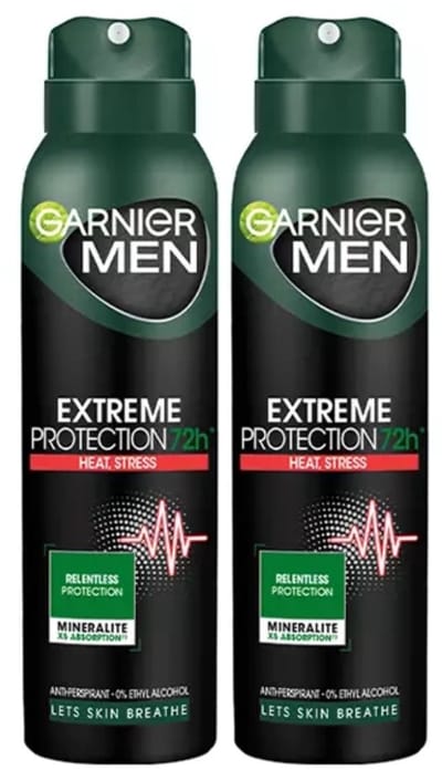 Garnier Men Deodorants Body Spray Extreme Protection - 72u Antiperspirant Bodyspray - De Kracht van Vulkanisch Mineraal - Beschermt en Verfrist Zelfs Onder Hoge Hitte en Stress Situaties - 2 x 150 ml - Deodorant Man Voordeelverpakking