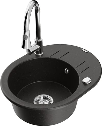 Mexen Kevin granieten spoelbak met 1 bak, afdruiprek en keukenkraan Elia, zwart/goud metallic - 6517-75-670101-00