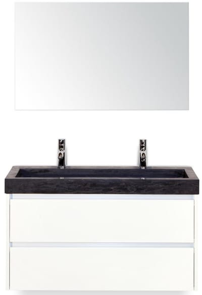 Dante Badmeubelset 100 cm - Wit Hoogglans - Wastafel Hardsteen Wit Lucca 2 Kraangaten met Spiegel