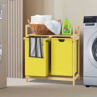 ML-Design | Wasmand met 2 vakken, 73x63x33 cm, van bamboe, geel, wasverzamelaar, 2x30 l, wassorteerder met opbergruimte, wasbox voor badkamer/wasruimte