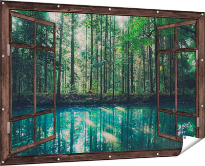 Gards Tuinposter Doorkijk Bos bij een Groen Meer - 180x120 cm - Tuindoek - Tuindecoratie - Wanddecoratie buiten - Tuinschilderij