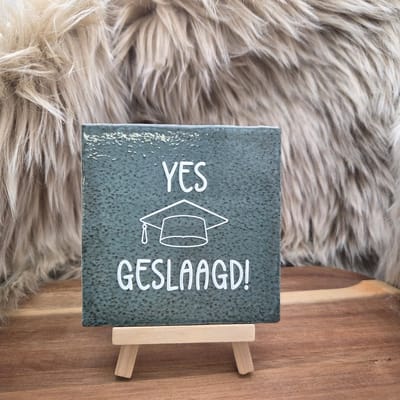 Robuust Wenstegeltje Yes Geslaagd! – Cadeau voor Geslaagde – Decoratief Aandenken – Wenstegeltje – Trendy nu – Decoratief Tegeltje met Standaard – Cadeau Idee
