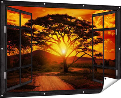 Gards Tuinposter Doorkijk Zonsondergang Achter een Savanne Boom - 150x100 cm - Tuindoek - Tuindecoratie - Wanddecoratie buiten - Tuinschilderij