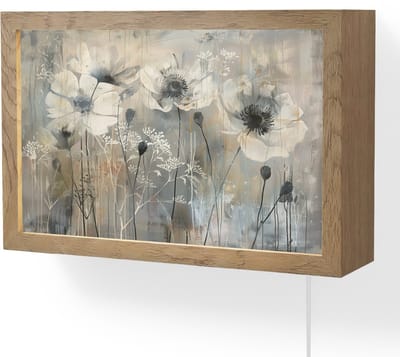 Wandlamp 30x20 cm - Oplaadbaar - Bloemen - Planten - Grijs - Abstract - Wandlampen binnen woonkamer - Slaapkamer lamp met kabel - Decoratieve nachtlamp - Vloerlamp snoer