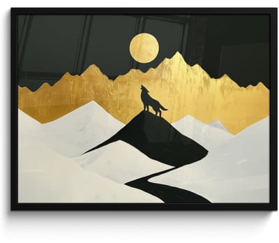 Poster in lijst - Fotolijst 70x50 cm - Posters - Wolf - Bergen - Maan - Zwart - Posterlijst zwart - Decoratie - Wanddecoratie woonkamer - Muurdecoratie slaapkamer