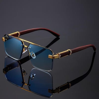 Vintage montuurloze modebril voor dames met houten patroon op de pootjes en een coole concave vorm. black