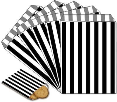 Dailygoody - Gestreepte Snoepzakken - Papieren Zakjes - Perfect voor Feesten - Zwart 13 x 18 cm - Snacks en Cadeaus - 100 Stuks - Bruiloft en Kinderfe.