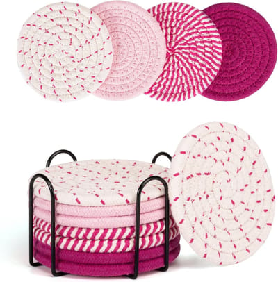 BOTC Onderzetters met Houder - Set van 8 - Onderzettersset - Onderzetters voor glazen - Cadeau - Roze