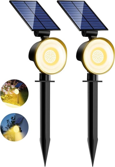 Set van 2 Buiten LED Solar Lampen met 3 Modi - Krachtige Waterdichte Tuinverlichting voor Patio, Garage, Tuin en Wandverlichting (Warm Wit)