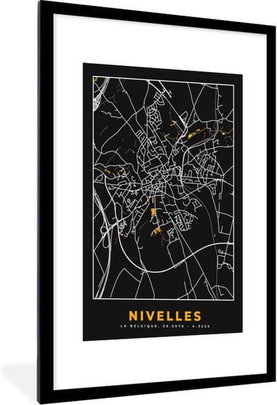 Fotolijst incl. Poster - Goud - Stadskaart - Plattegrond - Nivelles - Kaart - 60x90 cm - Posterlijst