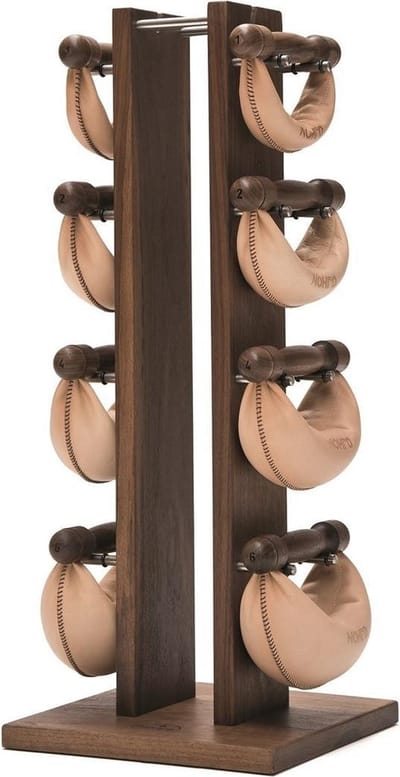 NOHRD Swing Toren Walnoot 2,4,6,8kg - Natuur – Complete Set met 4 Paar Halters – Echt Leder – Houten Wandhouder