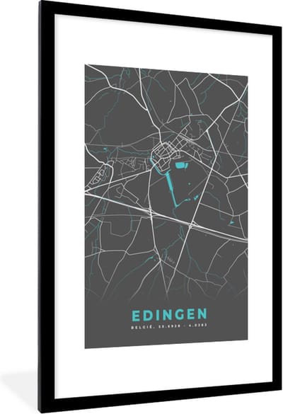Fotolijst incl. Poster - Stadskaart – Grijs - Kaart – Edingen – België – Plattegrond - 80x120 cm - Posterlijst