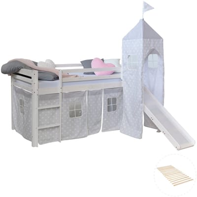 Homestyle4u Hoogslaper - 90x200 cm - met lattenbodem - toren - glijbaan - gordijn grijs sterren