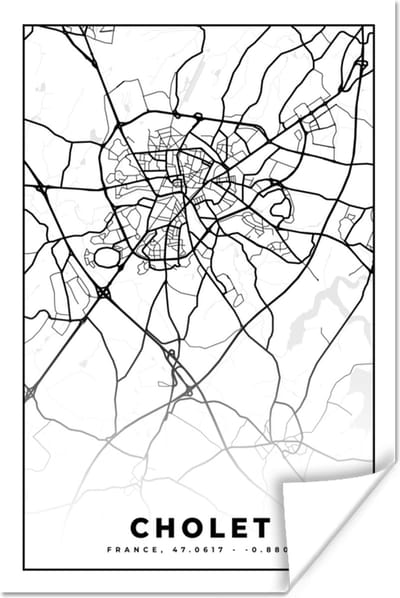 Poster Kaart - Plattegrond - Frankrijk - Cholet - Stadskaart - Zwart wit - 120x180 cm XXL