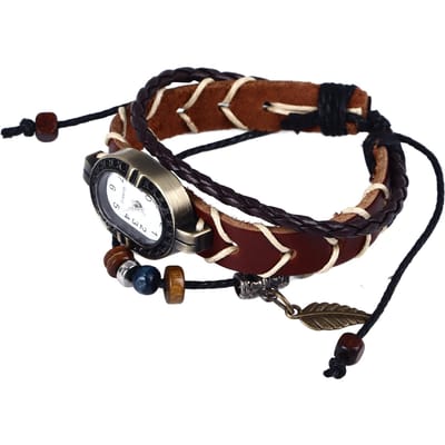 Vintage Wikkel Kralen Horloge Geweven Wikkel Kralen Blad Armband Modieus Quartz Polshorloge voor Heren Dames black