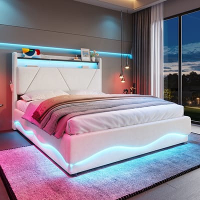 MIVRAY Gestoffeerd Bed 140x200cm Zonder Matras - Hoofdbord Met Open Vak En Ledverlichting - Met Opbergruimte En Usb Opladen - Fluweel - Beige