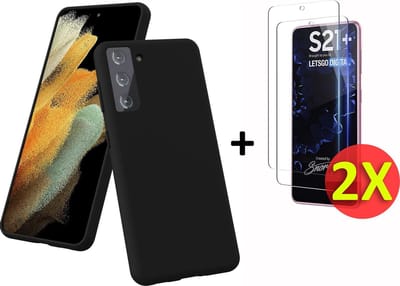 HB Hoesje Geschikt voor Samsung Galaxy S21 Plus - Zwart - Siliconen Back Cover + 2X Glazen Screenprotector