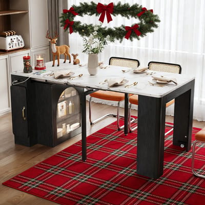 REDOM Eettafel 83 × 39.6~79.6~119.6~149.6 ×77 cm, MDF en glas, uittrekbaar en mobiel met LED en opbergruimte