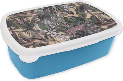 Broodtrommel Blauw - Lunchbox - Brooddoos - Vintage - Jungle - Bladeren - Panter - Patronen - 18x12x6 cm - Kinderen - Jongen