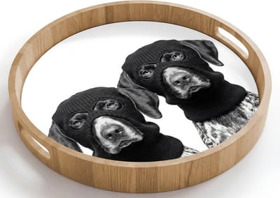 Dienblad rond 40x40 cm - Schootdienblad hout - Honden - Bivakmuts - Zwart - wit - Borrelplank rechthoek - Plateau houten dienbladen