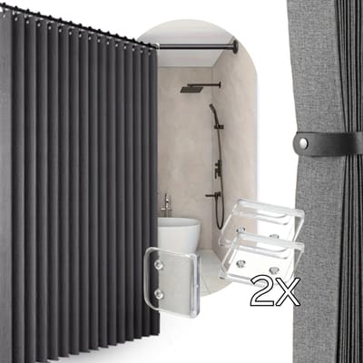 Vouw Douchegordijn 200x200 + 2x Transparante Clips | Grijs | Stof | Water- & Schimmelbestendig | Anti-Plak | Modern & Strak Douche Gordijn | Bundel