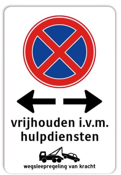 Parkeerbord Vrijhouden i.v.m. hulpdiensten pijl links en rechts - Weerbestendig Aluminium - 40x60 cm - Bevestiging: Zonder bevestiging (alleen het bord)