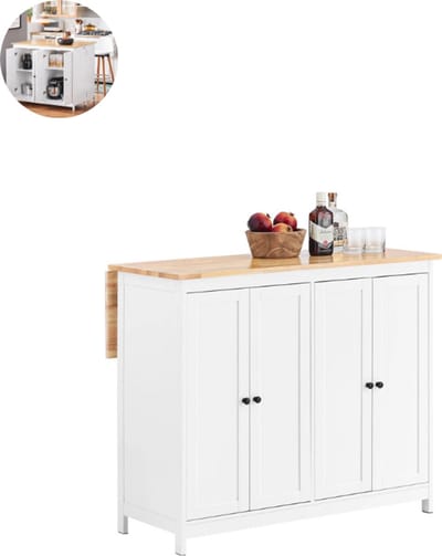 Keukeneiland - Verplaatsbaar - Keukenkast - Dressoir - Organizer - Kasten - Houten Werkblad - Lade - Wit
